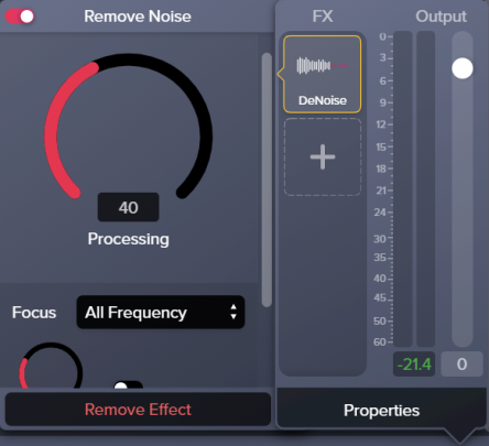 Painel de propriedades de Remove Noise