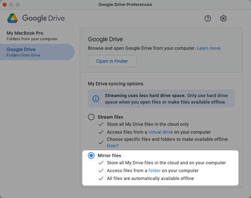 Aktivieren Sie in den Google-Drive-Einstellungen für „Meine Ablage“ den Modus „Dateien spiegeln“