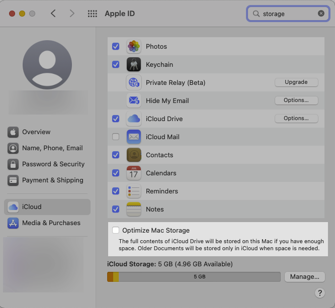 Anula la selección de la opción Optimizar almacenamiento del Mac en las preferencias del sistema del ID de Apple