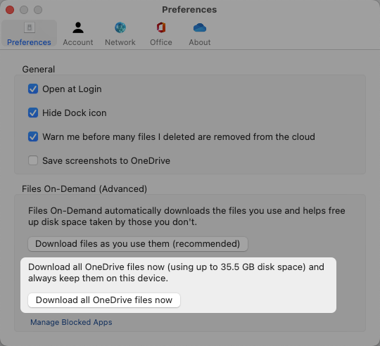 Em Preferências do OneDrive, clique em Baixar todos os arquivos do OneDrive agora
