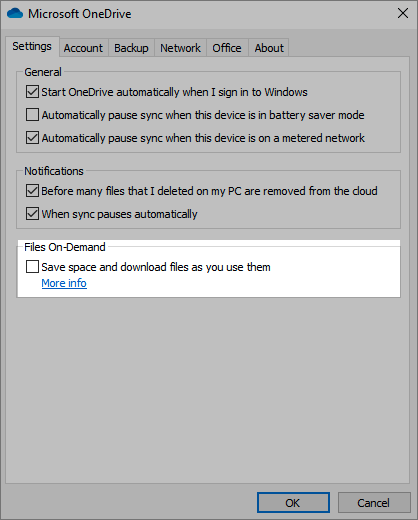 Configurações do OneDrive para Windows