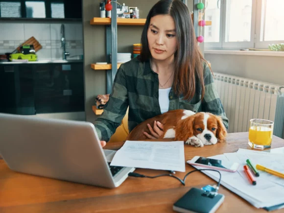 A person works on a laptop with a dog in their lap
