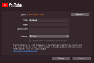 Caixa de diálogo Exportar para Youtube no Mac