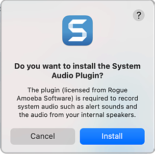 Dialog prompt to install the system audio plugin