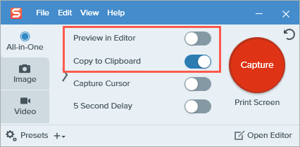Capture-Fenster mit deaktivierter Funktion „Vorschau im Editor“ und aktivierter Funktion „In Zwischenablage kopieren“