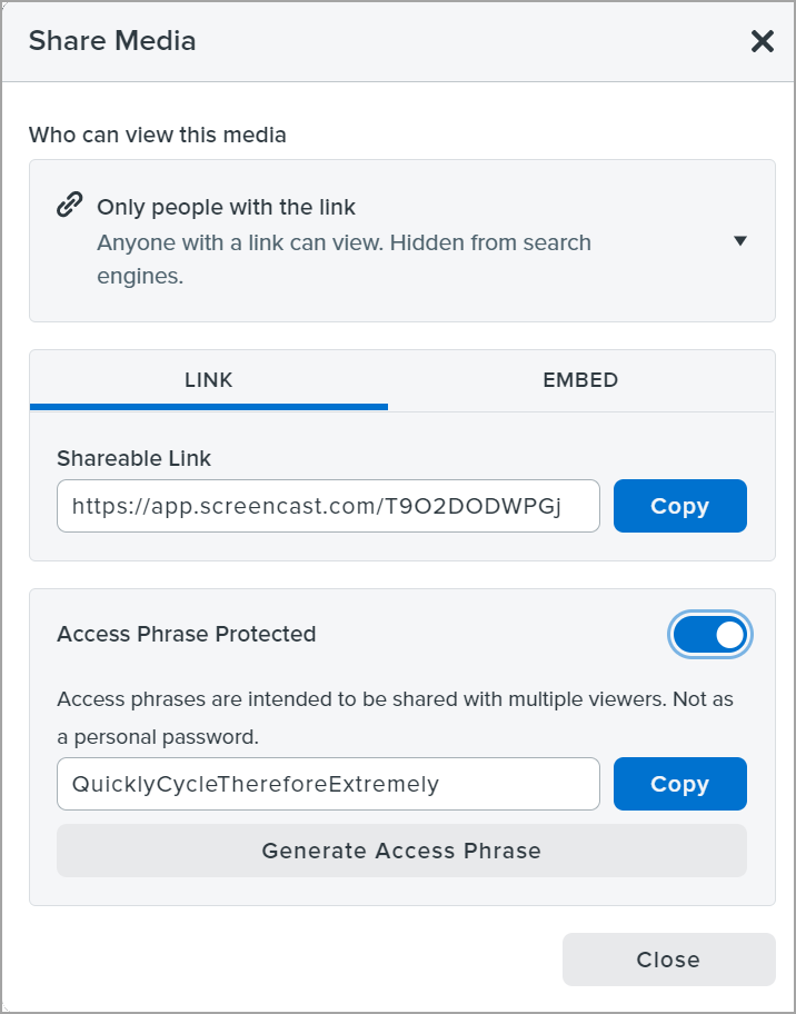 Access Phrase Protected enabled in Share Media dialog