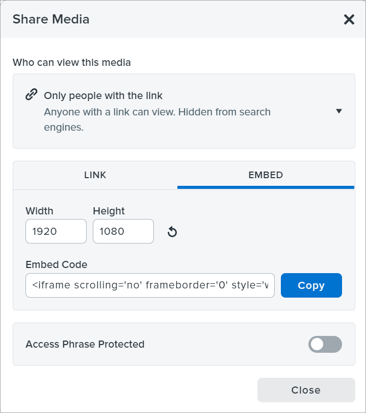 Embed tab in Share Media dialog