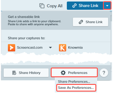 Open Save As Preferences from the Share dropdown