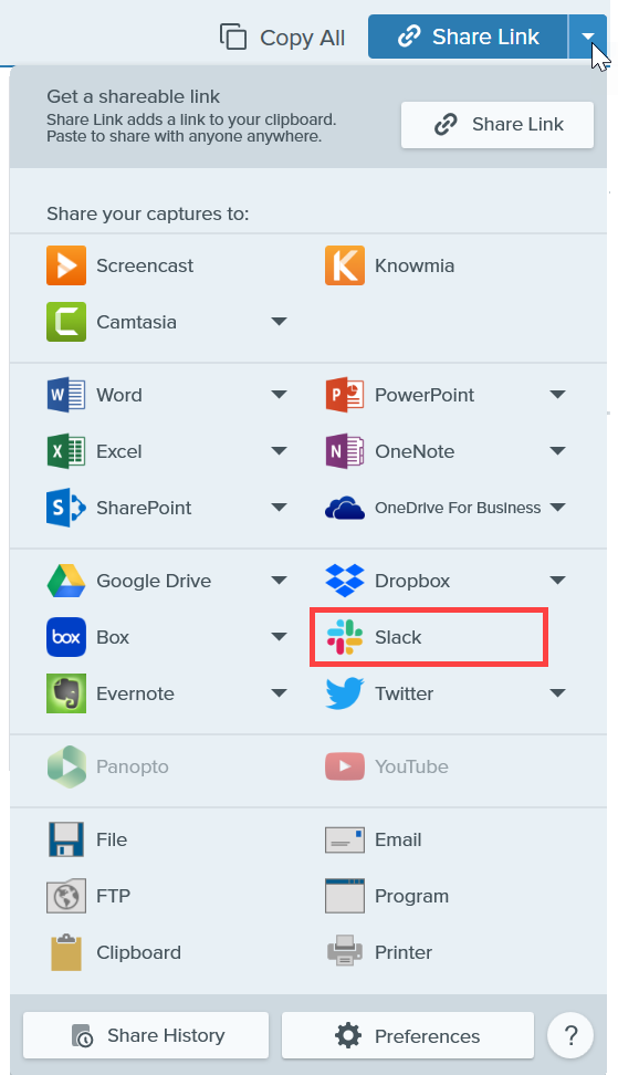 Aplicación Slack en el desplegable Compartir