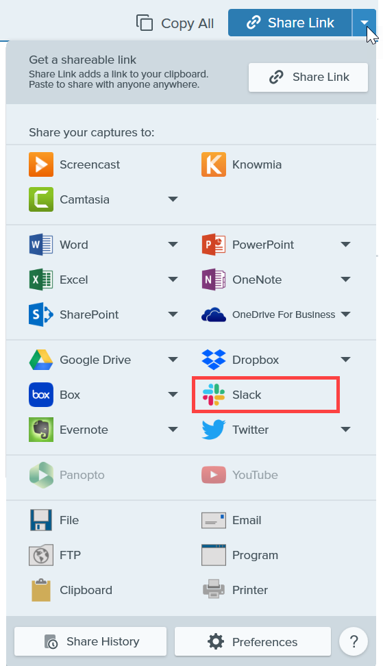 Application Slack dans la liste déroulante Partage