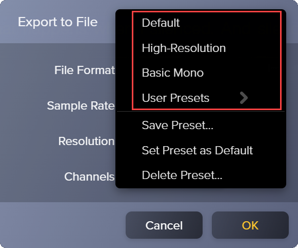 Presets in Export to File dialog