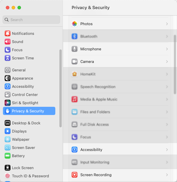 macOS 13 の [システム設定] のプライバシーのカテゴリ