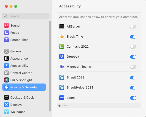 System Settings dialog on macOS13