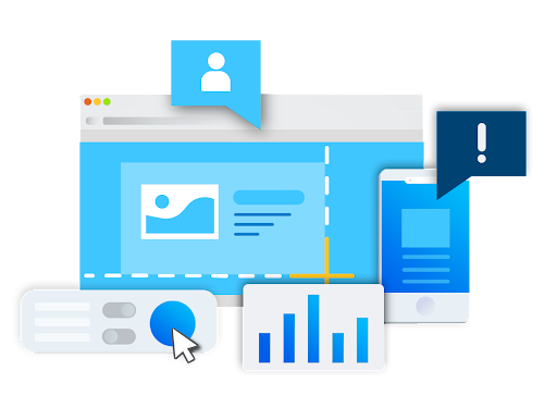 Illustration showing a browser window, mobile screen, and various workplace communication icons. The browser displays a selected area within a webpage layout, a user avatar with a speech bubble, and an exclamation mark notification.