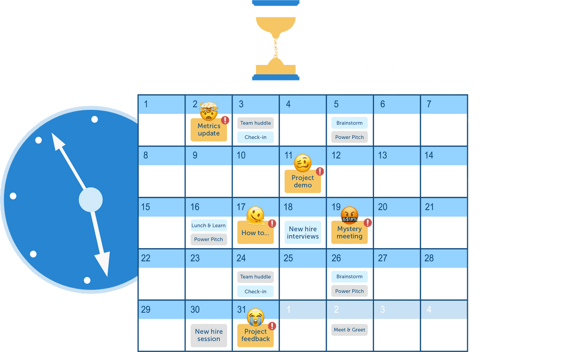 Infographic depicting a calendar marked with various meetings and a wall clock to signify time management challenges. The calendar, set against a backdrop of clock gears, includes entries like 