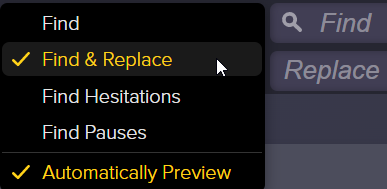 Find and Replace dropdown in Audiate