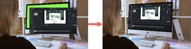 コンピューターを使用している人の肩越しに撮影したビデオに画面録画をピン留めした例 (適用前と適用後)