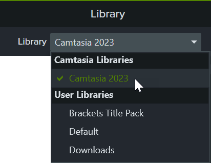 Opción Camtasia 2023 en el menú desplegable Biblioteca