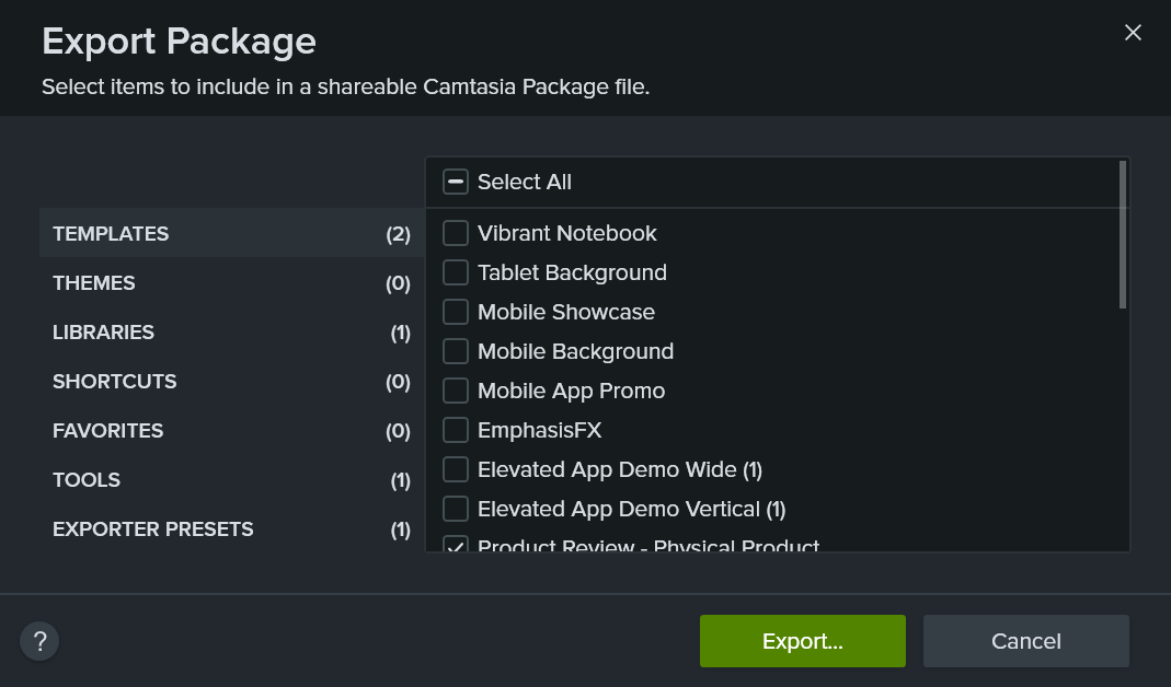 Export Package dialog