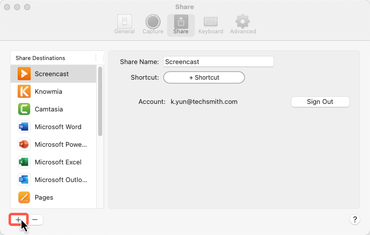 Add a destination in the Share Preferences dialog