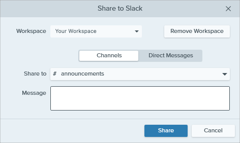 Boîte de dialogue Partager sur Slack avec ajout d’un espace de travail