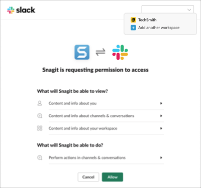 Cuadro diálogo de permisos de Slack