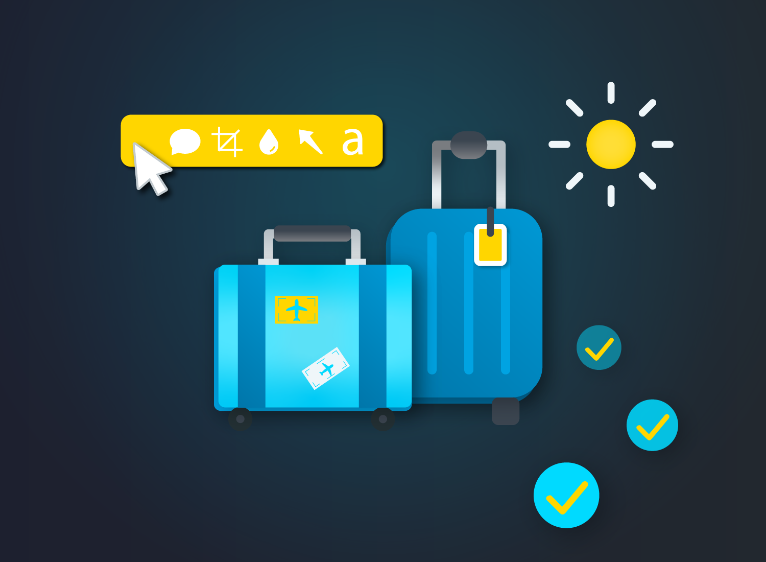Illustration of two suitcases with work on one side and sunshine on the other.