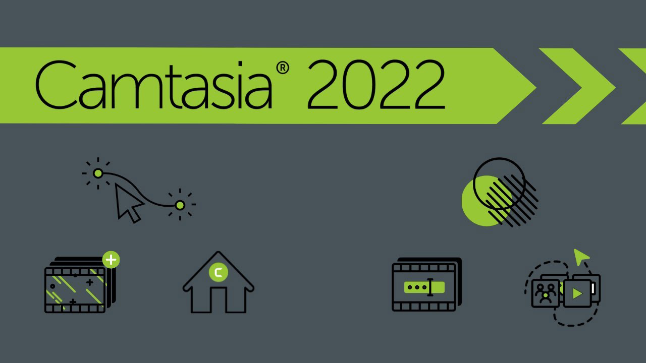 Camtasia 2022 logo with animations that represent features like cursor path movement, and blend mode.
