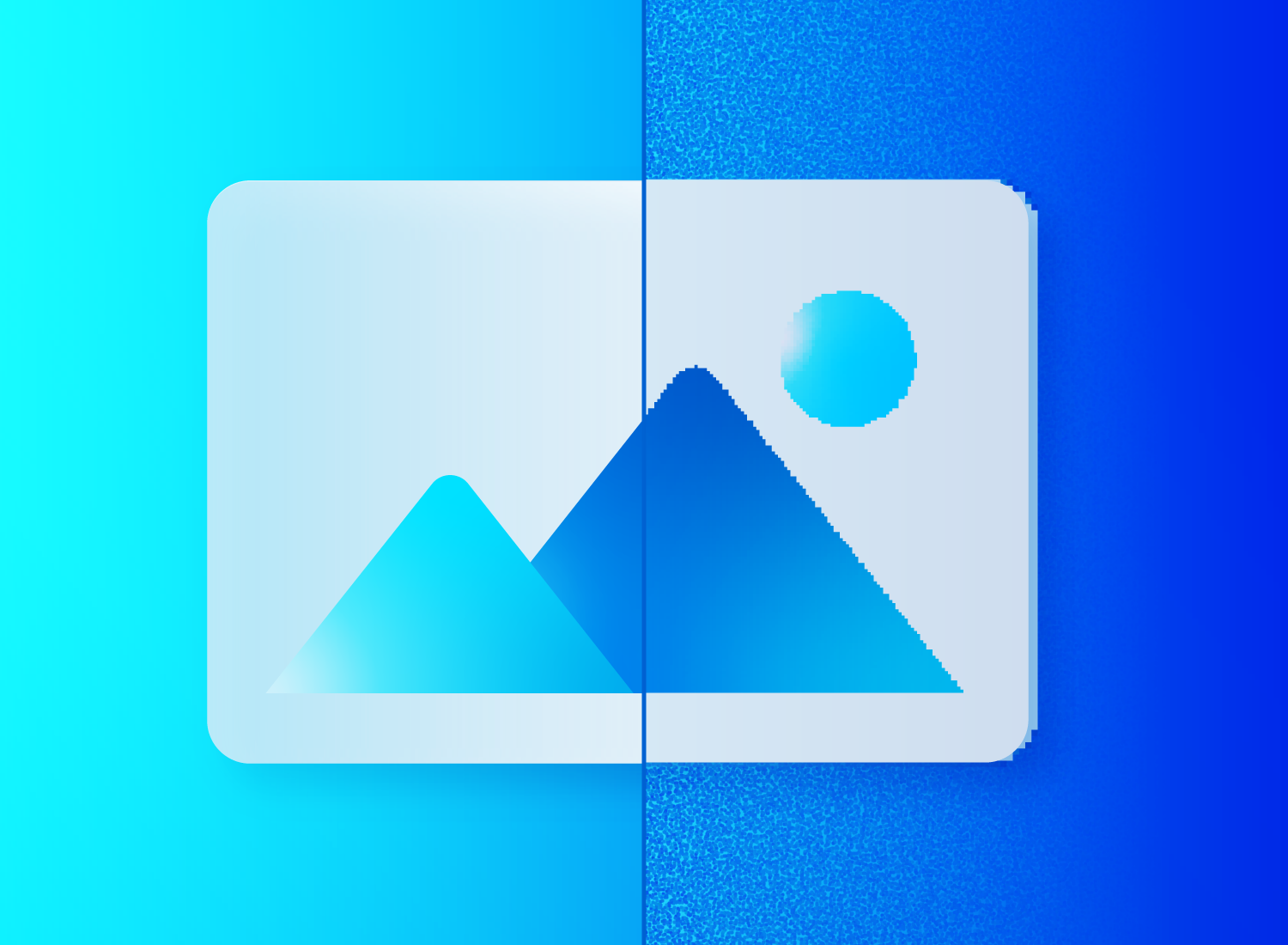 This image is a creative illustration designed to represent the concept of high-resolution images. It features a split background with two shades of blue. Overlapping this bicolor background is a photo gallery icon graphic consisting of two overlapping squares with rounded corners. The texture on the right half of the background is more pixelated, contrasting with the smoothness on the left, symbolizing the difference between high-resolution and low-resolution images.