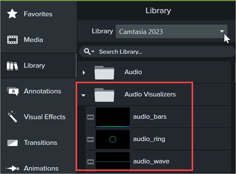 Ordner „Audio Visualizers“ in der Bibliothek