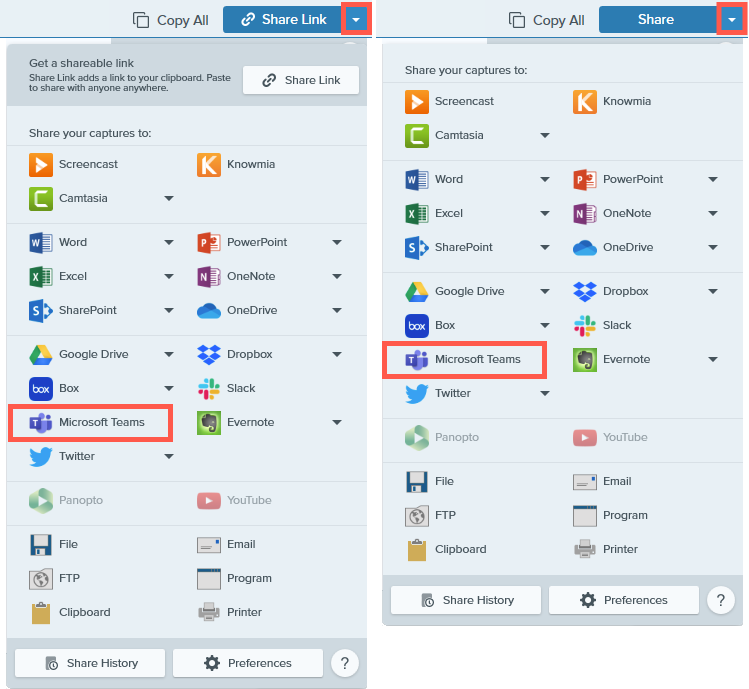 Microsoft Teams in the Share Link and Share dropdown menus