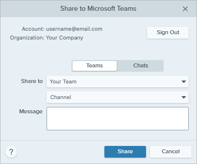 Dialog „Auf Microsoft Teams teilen“