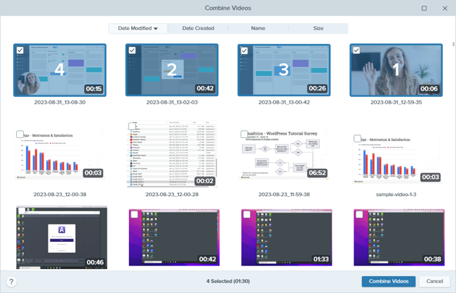 Combine Videos window with four videos selected