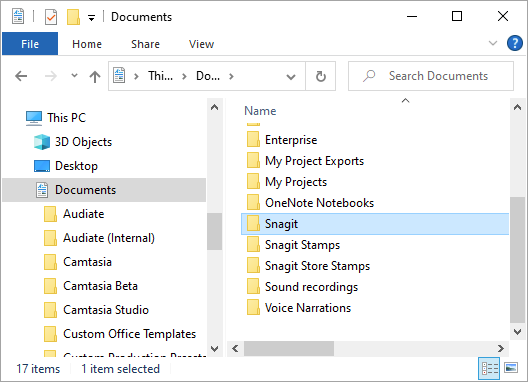 Find the Snagit folder in Windows File Explorer