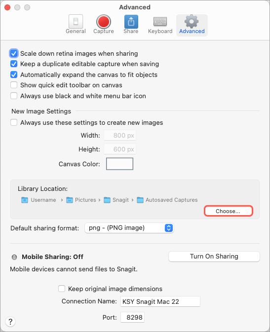 Choose button in Snagit Mac Preferences