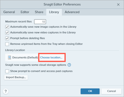 Choose location link in Snagit Editor Preferences