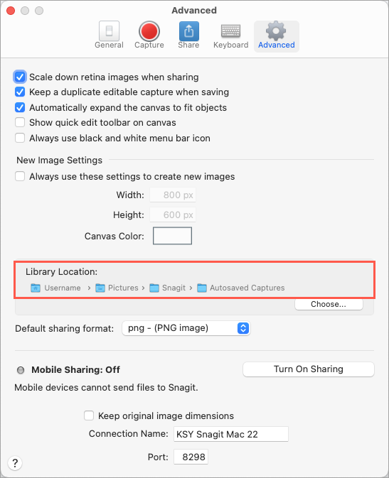 Ubicación de la biblioteca mostrada en las Preferencias de Snagit para Mac