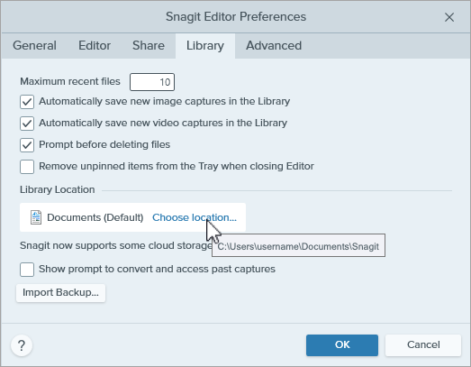 Snagit Editor の環境設定でライブラリのファイル パスを表示する