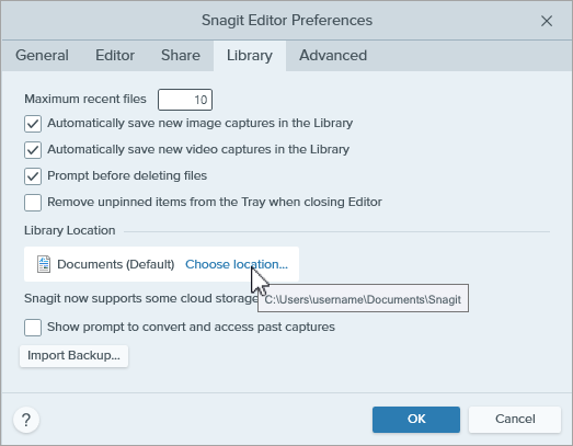  Ver caminho do arquivo da biblioteca em Preferências do Snagit Editor