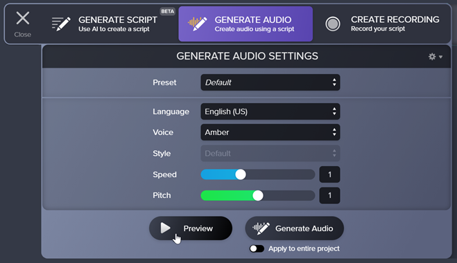 Onglet Generate Audio (Générer l’audio)