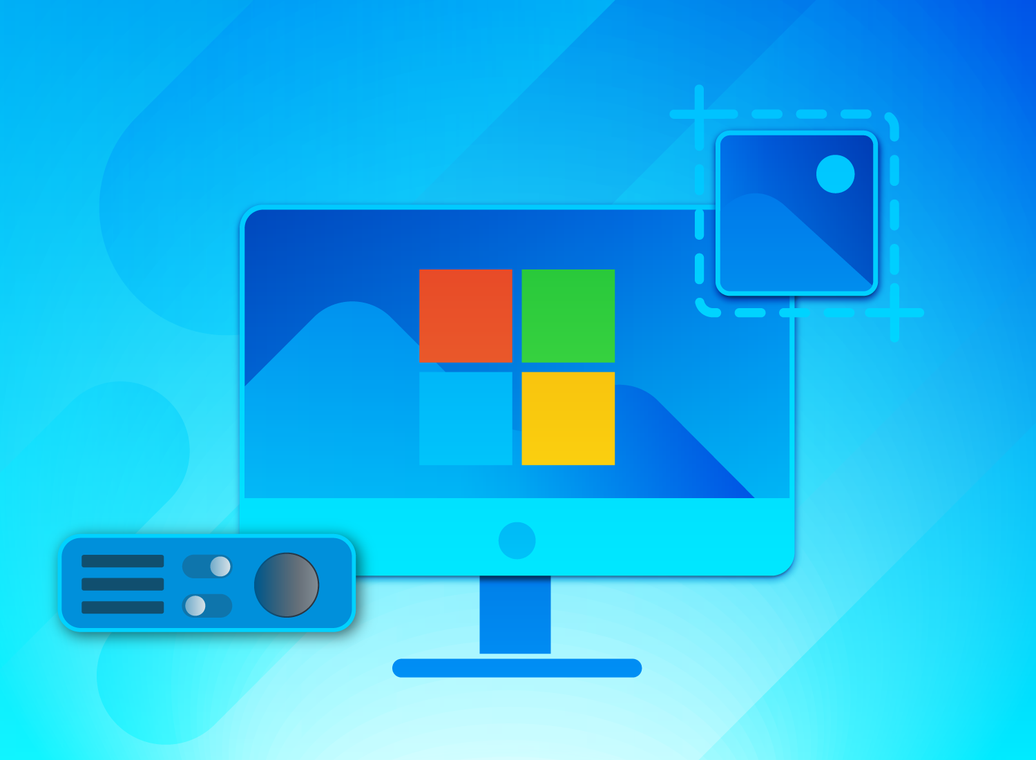 Digital illustration of a desktop computer with a Windows logo on the screen, indicating a guide for screen recording on a Windows operating system. A camera icon with focus brackets is positioned to the right of the monitor, symbolizing a webcam or video capture function. A control panel with buttons and dials is seen to the left of the screen, suggesting software tools for video recording.