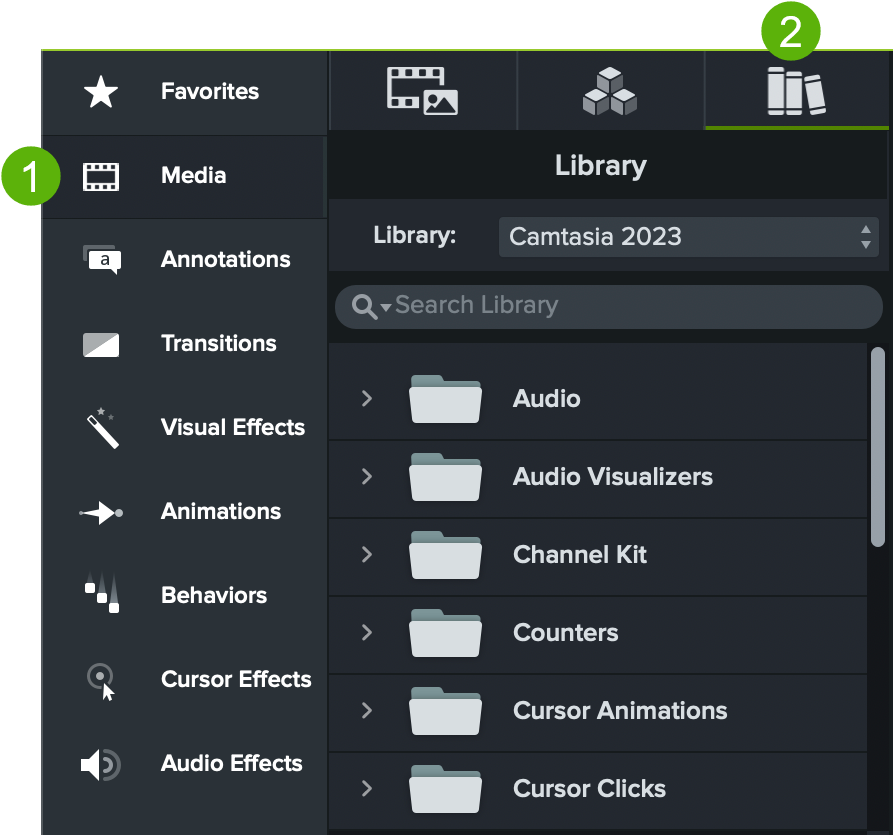 Media tab with Library subtab selected