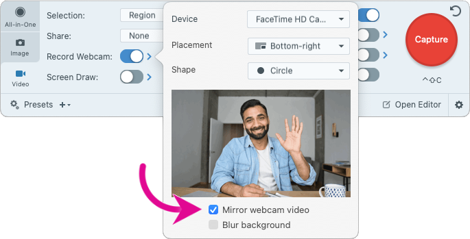 Espelhar webcam em opções de webcam na janela de captura