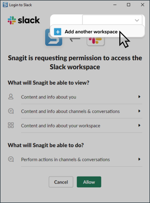 Add first workspace from the Slack permission dialog