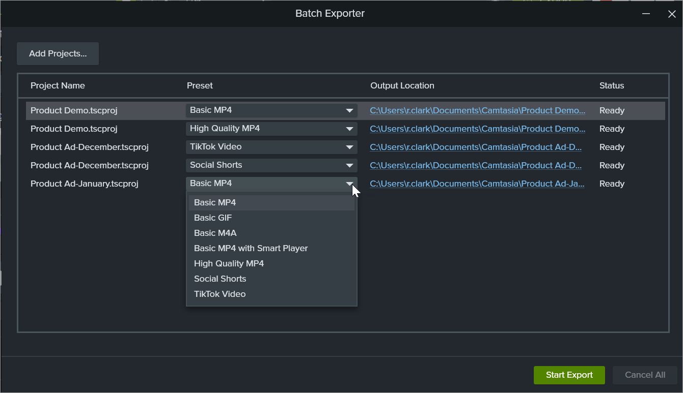Batch Exporter dialog example queue