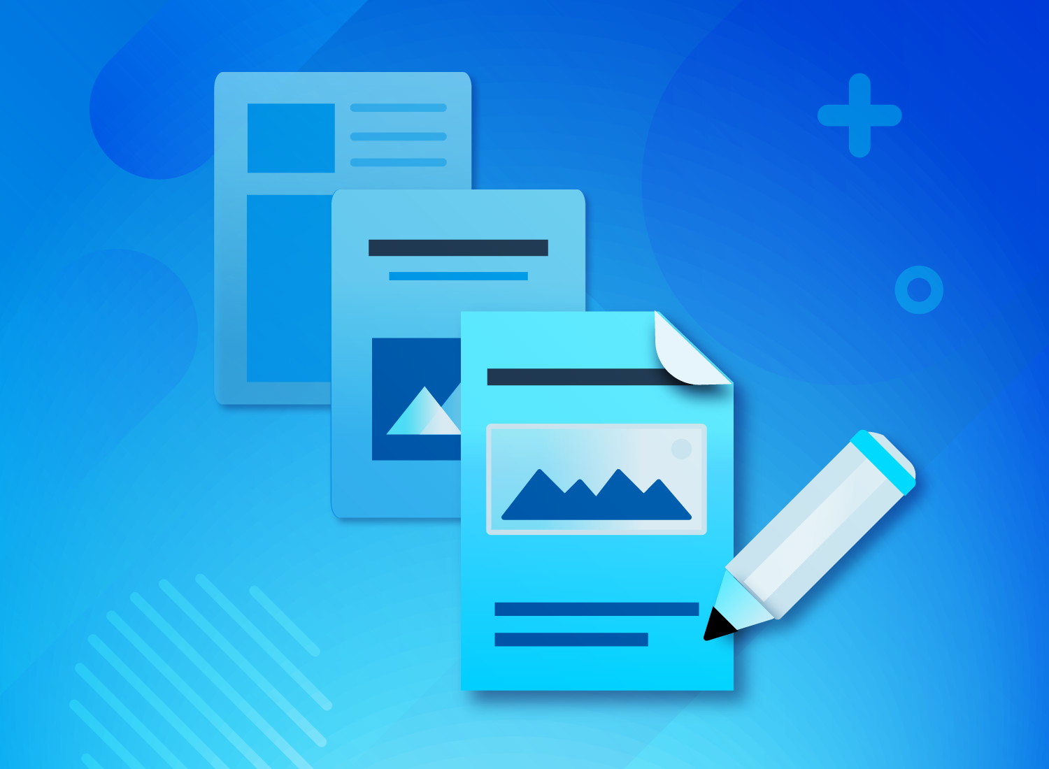 Illustrative graphic for content creation, specifically on "how to create a training manual." It features three overlapping paper documents with digital icons, displayed against a gradient blue background with abstract shapes. The foremost document has an image of mountains, symbolizing visuals in manuals, and is paired with a pencil, indicating the editing or creation process. The design conveys a theme of informative and educational material development.