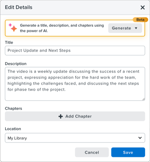AI-generated title and description in the Edit Details dialog