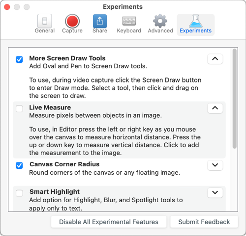 Experiments tab on Snagit for Mac