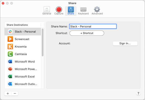 Customize the Share Name in the Share preferences dialog