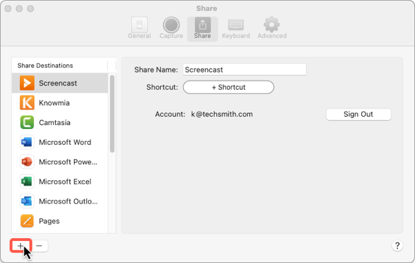Add a destination in the Share preferences dialog